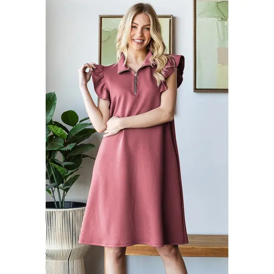 Short Sleeve Zipped Up Solid Scuba Mini Dress