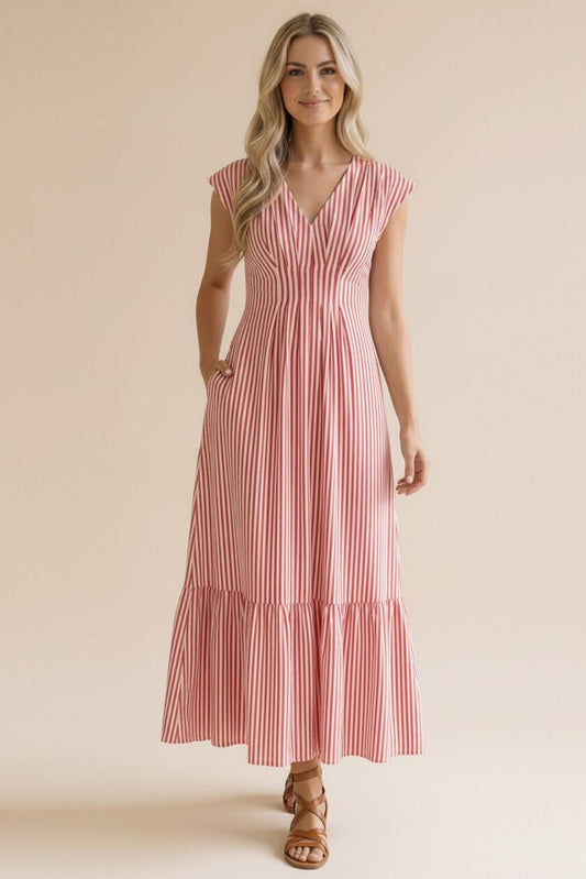 Red Stripe Smocked Waist Maxi Dress