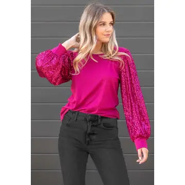 Solid Top with Sequins Detailed Sleeves in Magenta