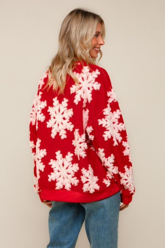 Sherpa Puffy Snowflake Pullover Knit Top