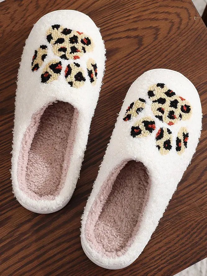 Leopard Cat Paw Pattern Knit Plush Slippers