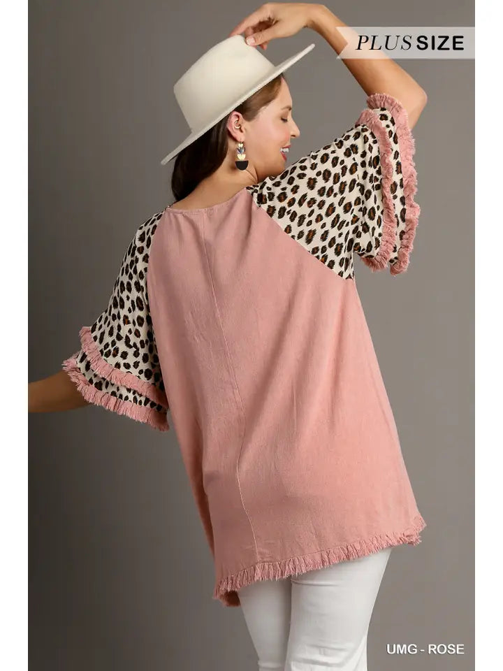 Linen Blend Animal Print Layered Bell Sleeve Top