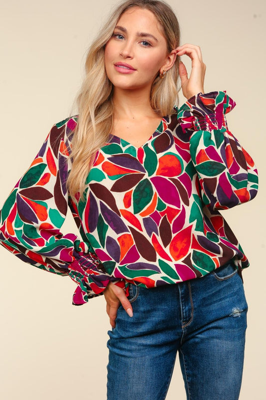 Floral V Neck Smocked Ruffle Hem Sleeve Top