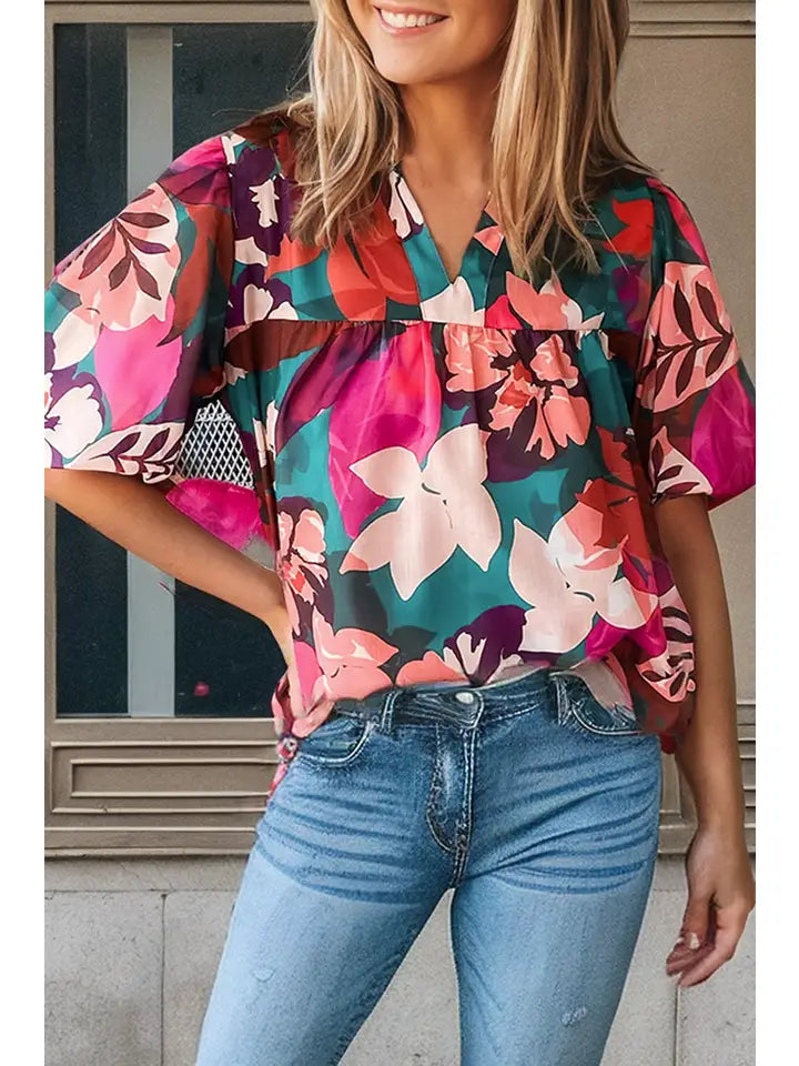 Floral Print V Neck Lantern Sleeve Blouse