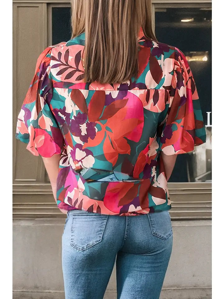 Floral Print V Neck Lantern Sleeve Blouse