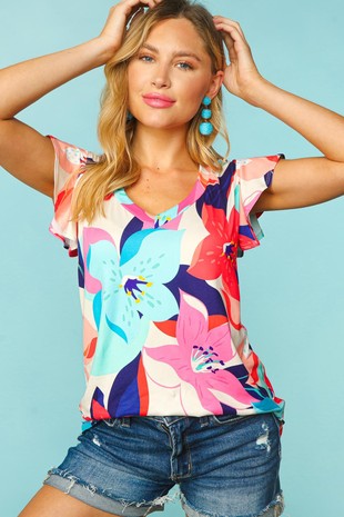 Tropical Floral Ruffle Short Sleeve Knit Top