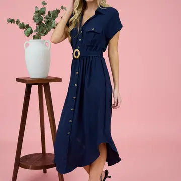 Button Down Belted Midi Dress
