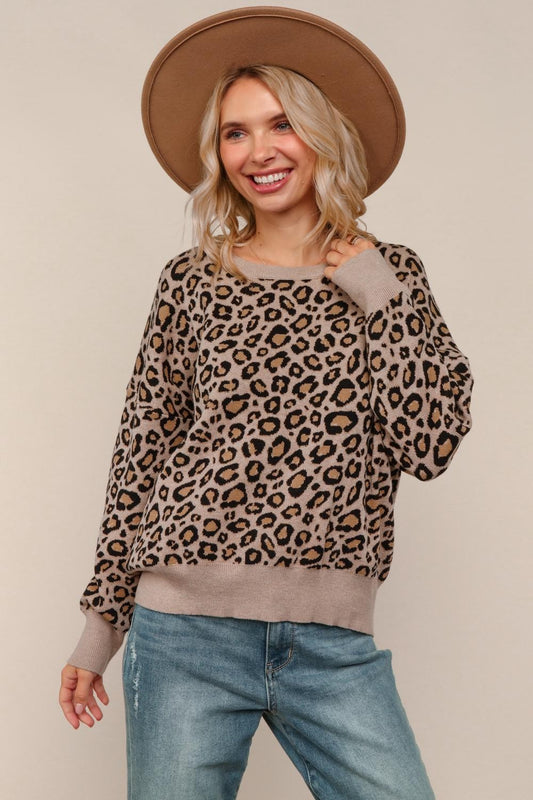 Leopard Jacquard Pullover Sweater Knit Top