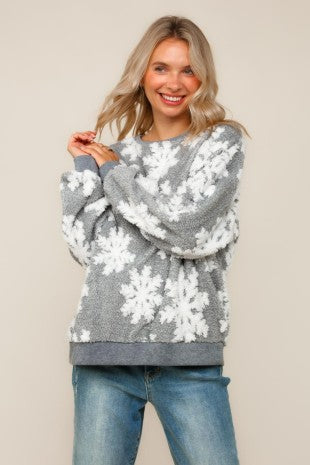 Sherpa Puffy Snowflake Pullover Knit Top