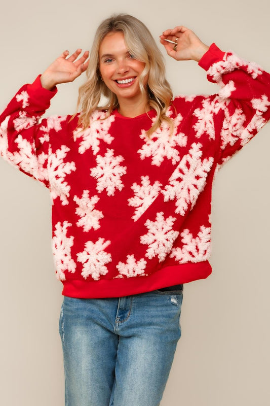 Sherpa Puffy Snowflake Pullover Knit Top
