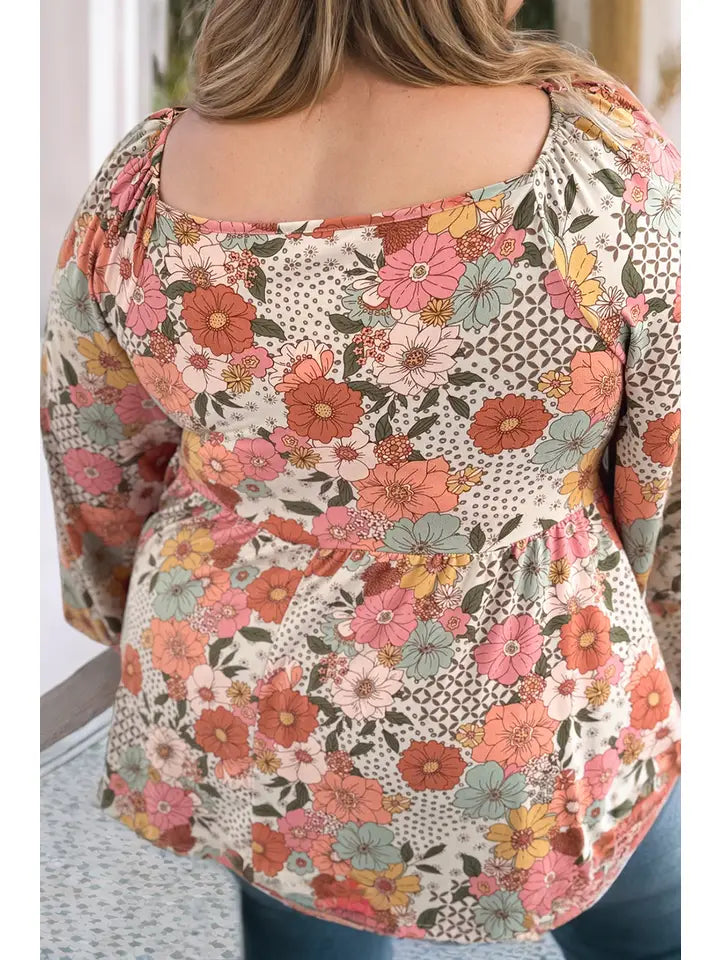 Square Neck Flower Peplum Blouse