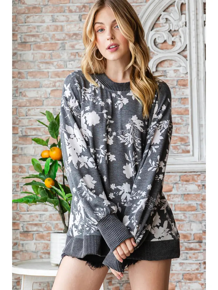 Soft Floral Knit Pullover With Ribbed Trim