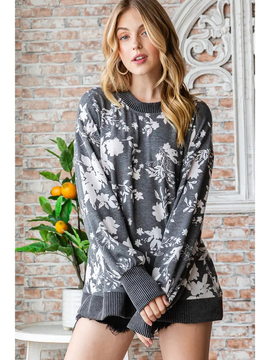 Soft Floral Knit Pullover With Ribbed Trim