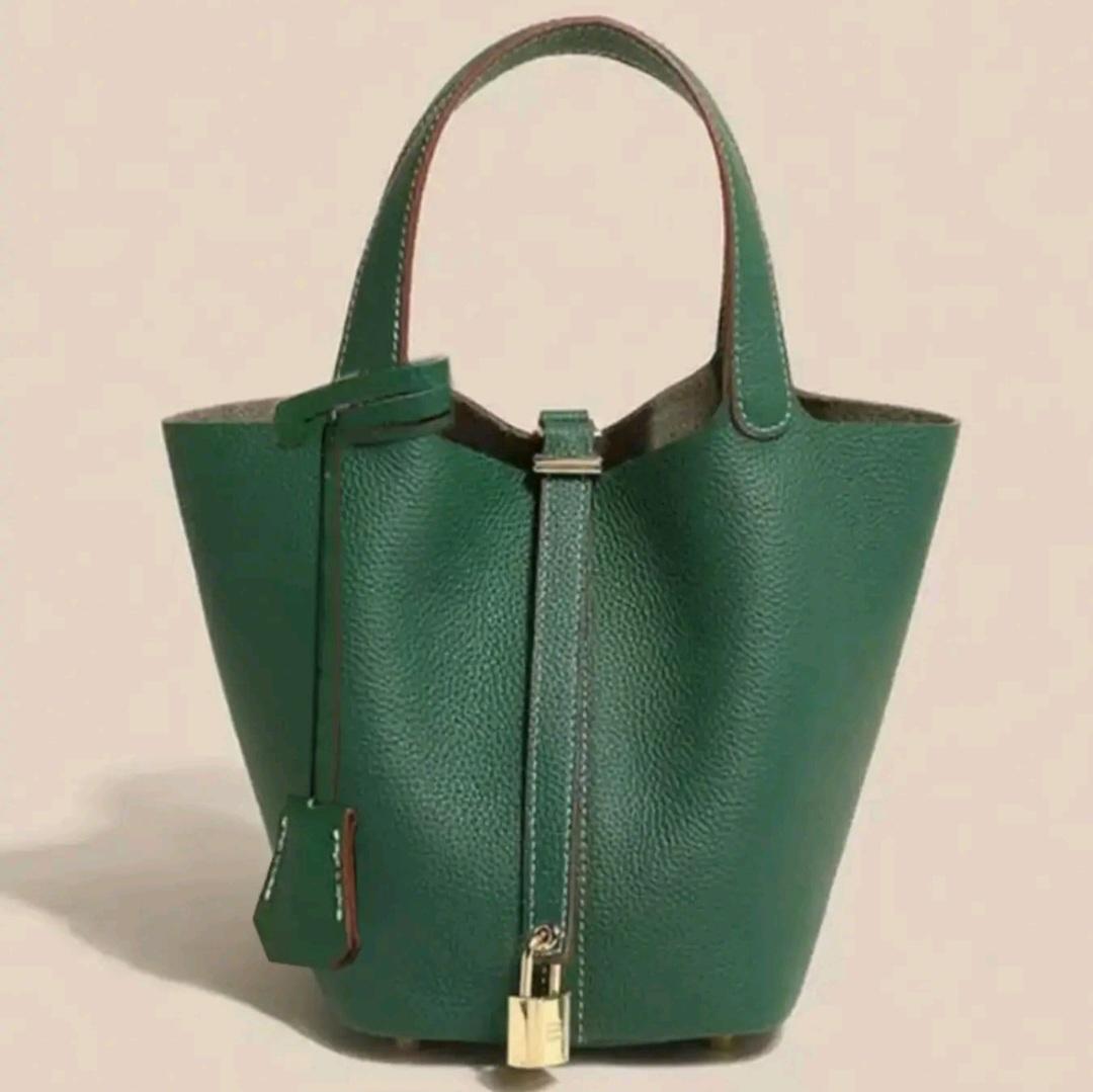 Leather Bucket Bag with Lock Design