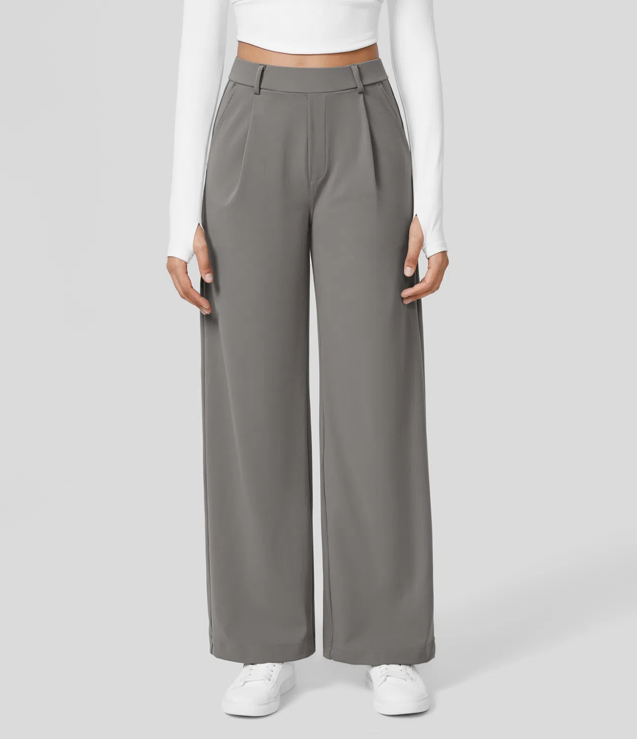 High Waisted Plicated Side Pocket Straight Leg Work Pants