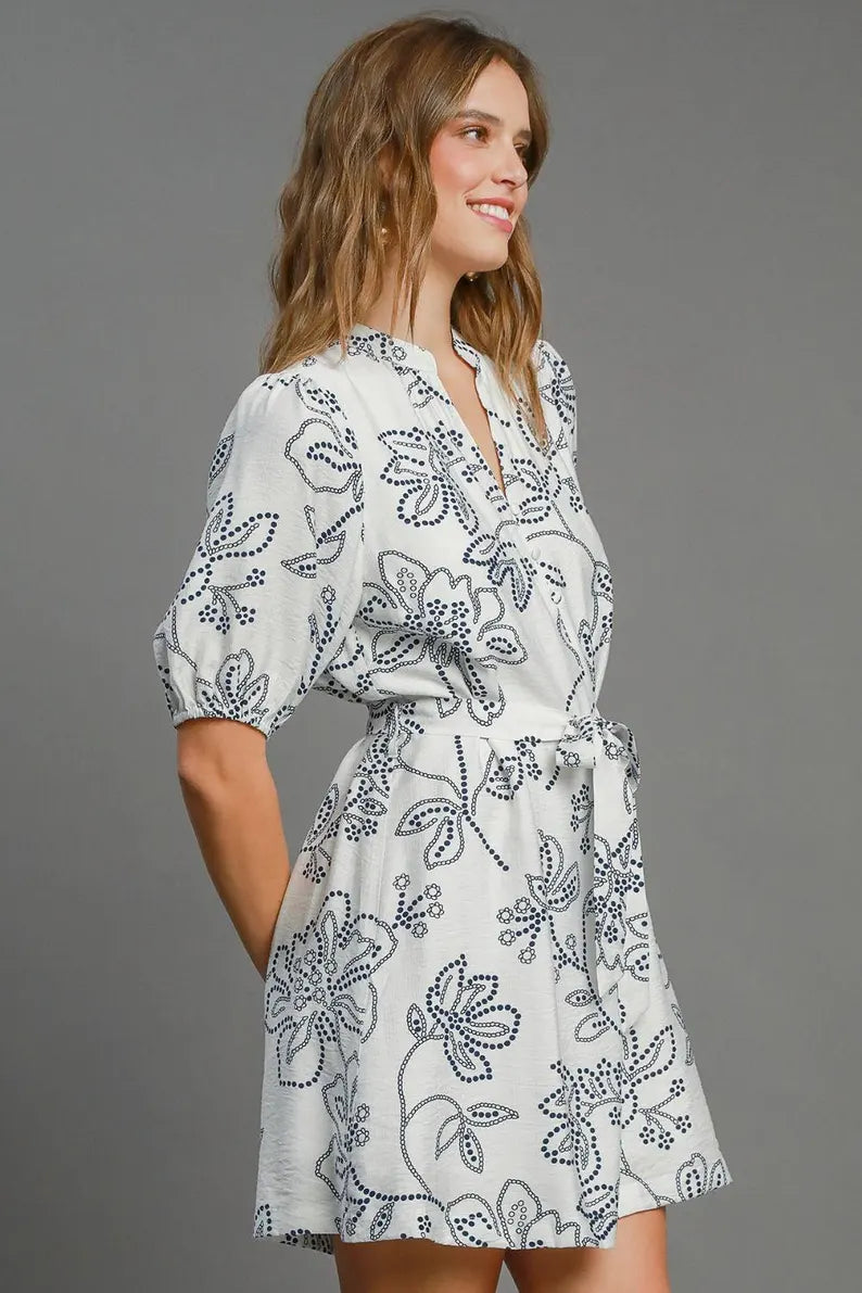 Floral Print Notched Puff Sleeve Mini Dress