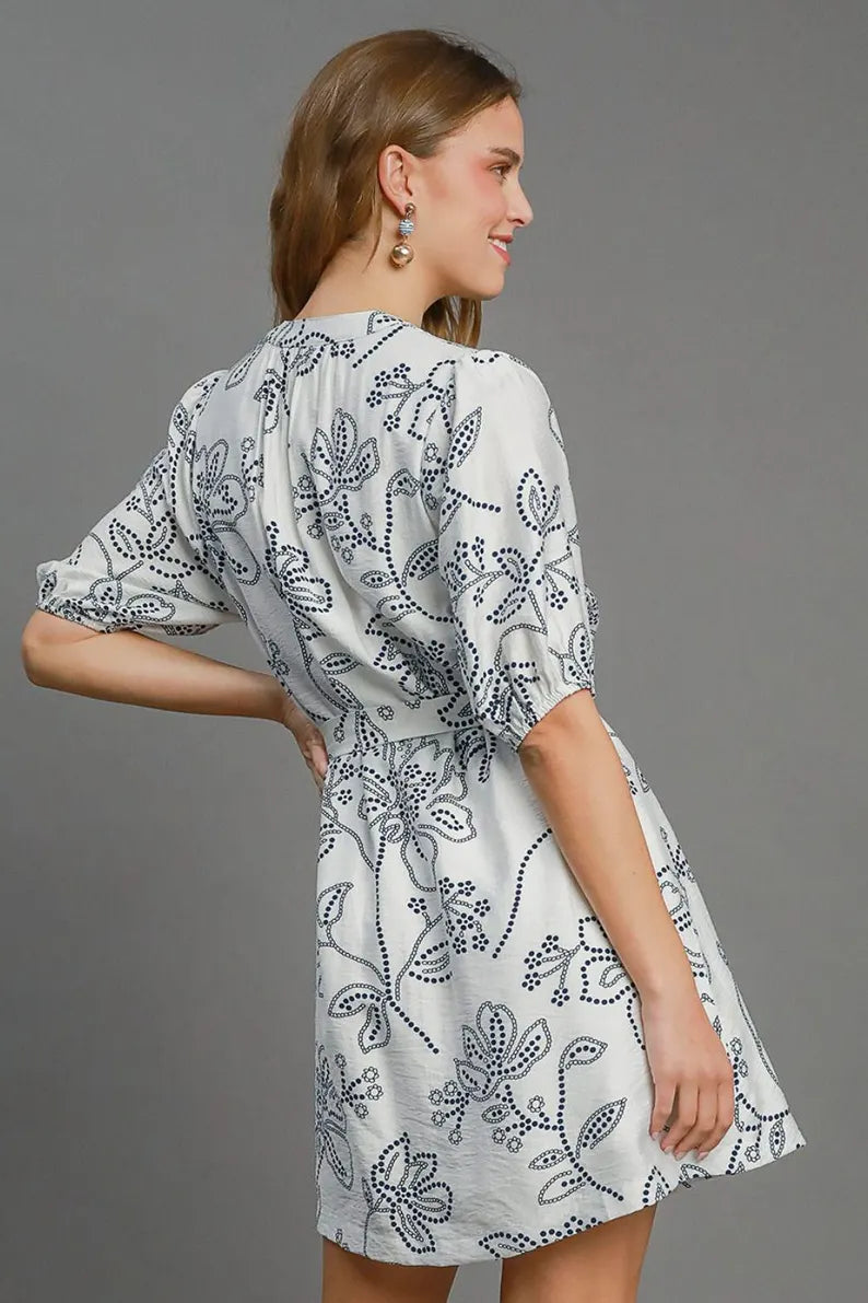 Floral Print Notched Puff Sleeve Mini Dress