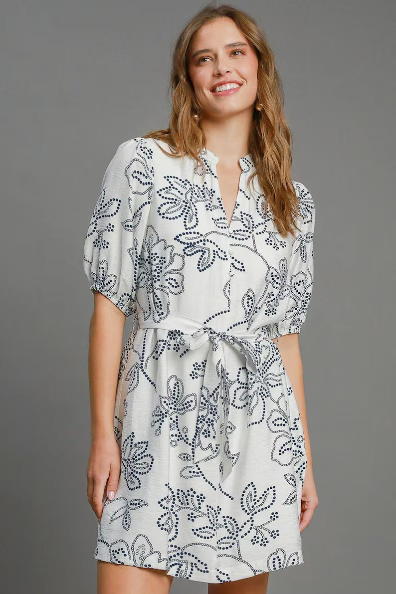 Floral Print Notched Puff Sleeve Mini Dress