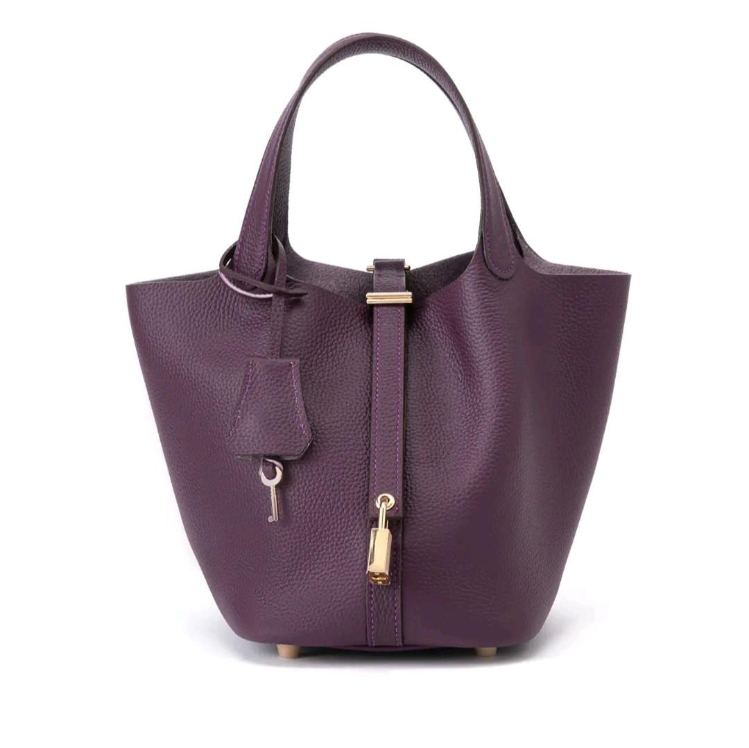 Leather Bucket Bag with Lock Design