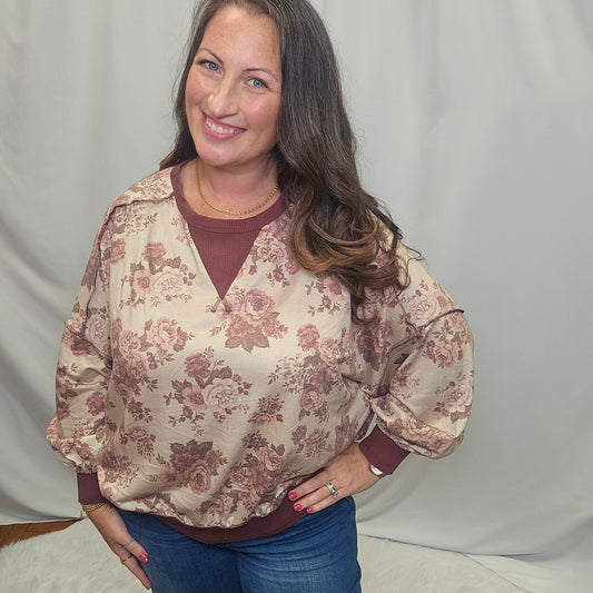 Vintage Floral Oversize French Terry Knit Top
