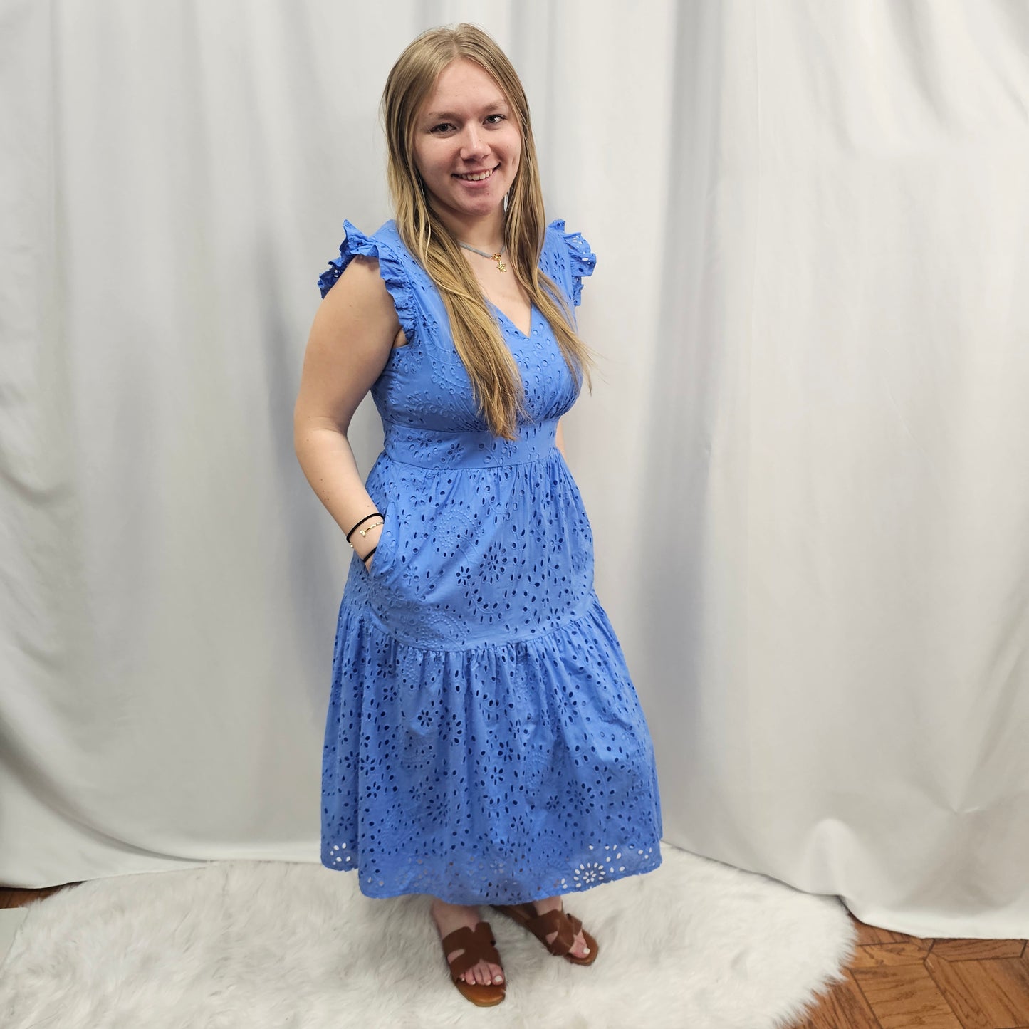 Flutter Sleeve Eyelet Midi Dress