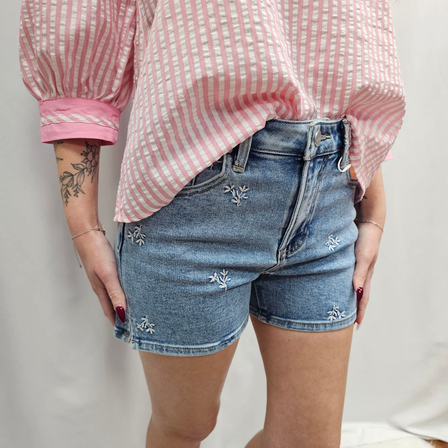 Risen High Rise Shorts With Embroidered Detail