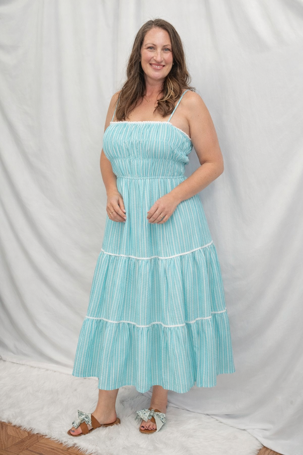 Coastal Breeze Striped Smocked Midi Dress