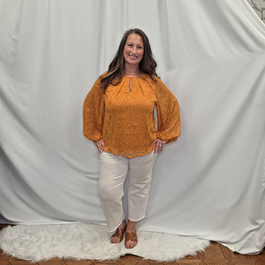 Keyhole Neck Blouse with Burnout Flowers