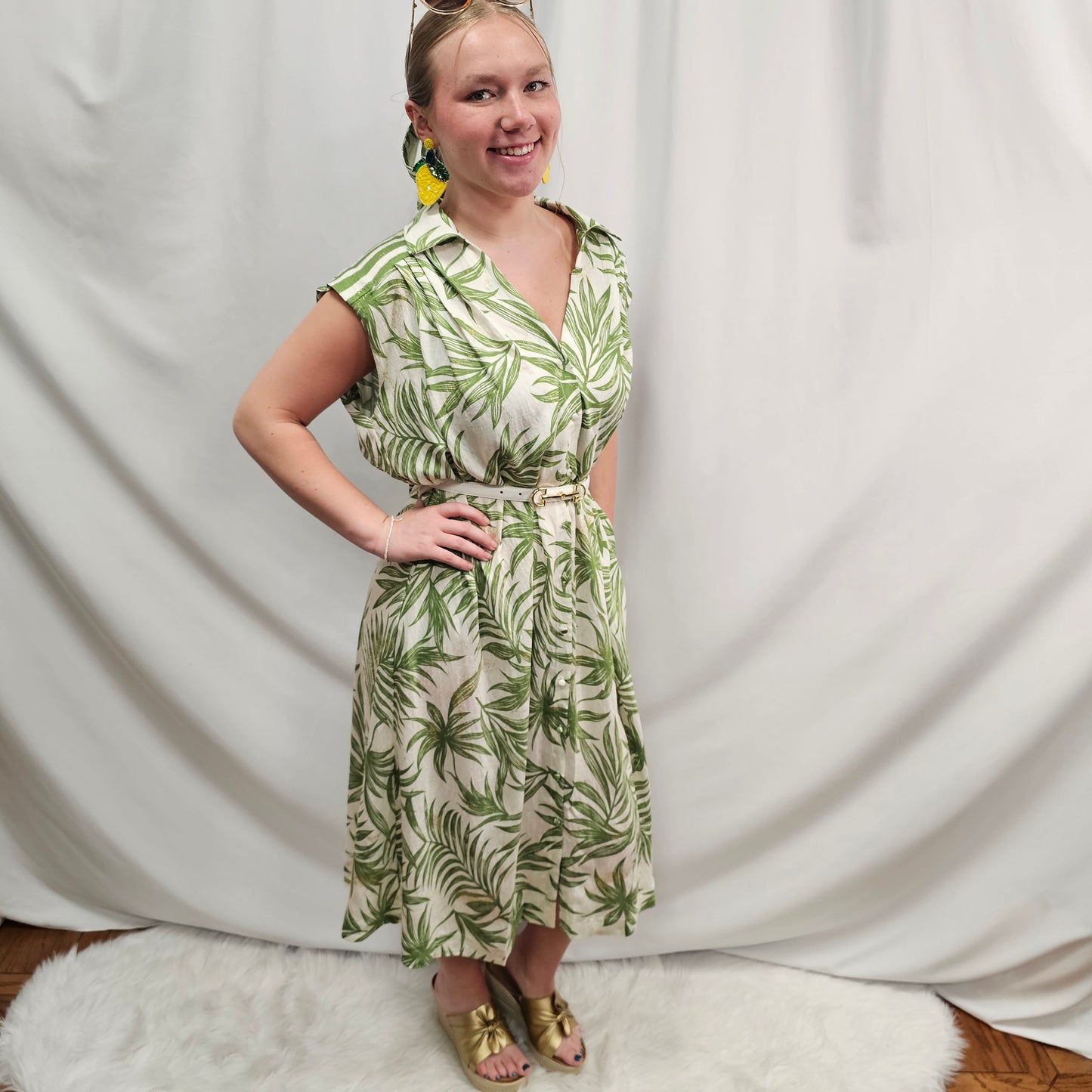 Tropical Print Sleeveless Midi Dress