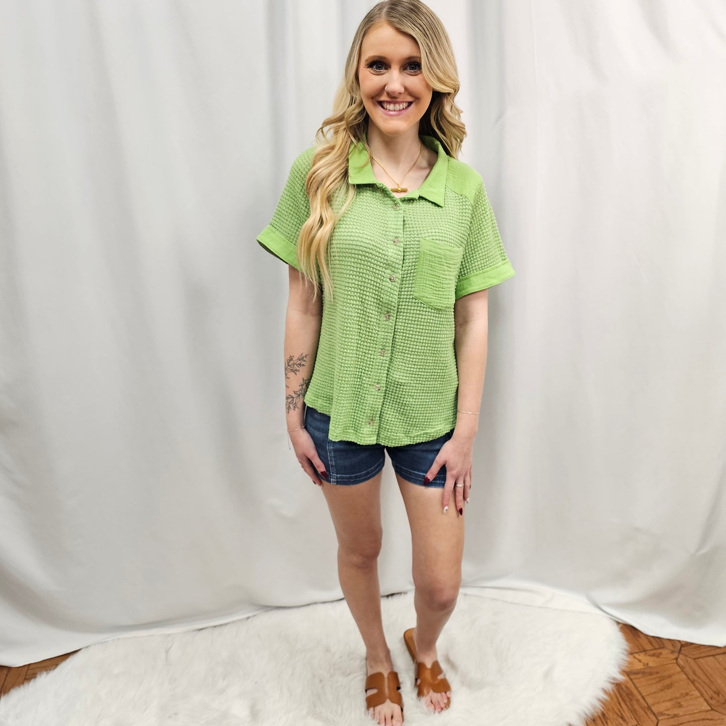 Waffle Knit Button Down Shirt In Melon