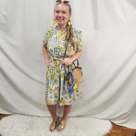 Lemon & Tile Print Puff Sleeve Dress
