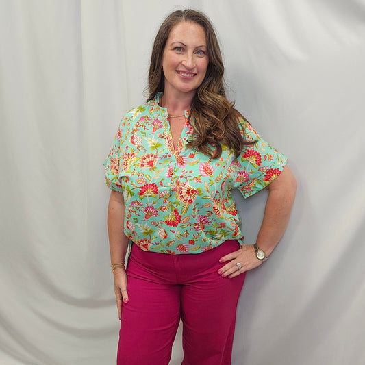 Notch Neck Dolman Short Sleeve Floral Top