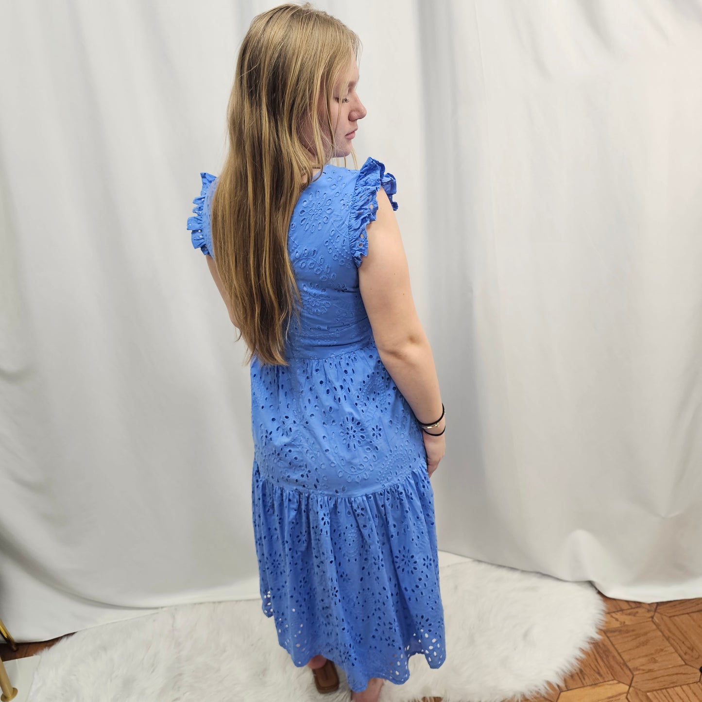 Flutter Sleeve Eyelet Midi Dress
