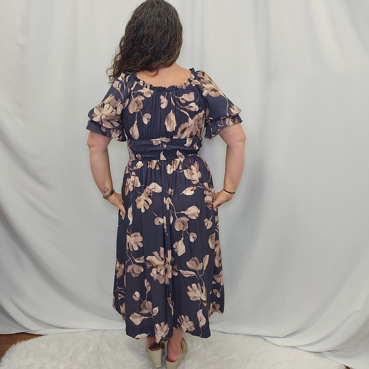 Navy Floral Smocked Waist Midi Dress