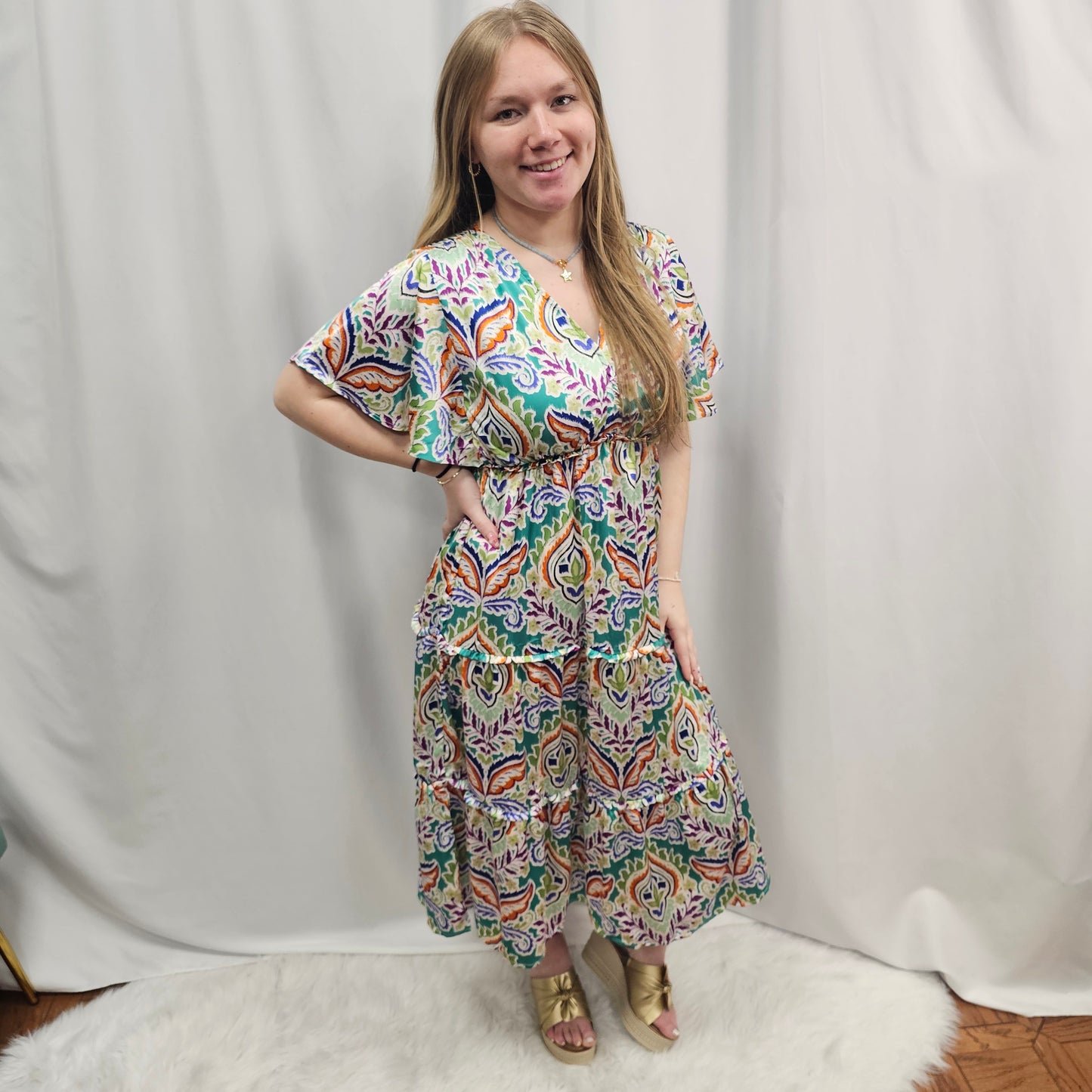 Satin Paisley Ruffle Trim Tiered A-Line Midi Dress