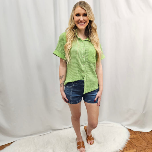 Waffle Knit Button Down Shirt In Melon