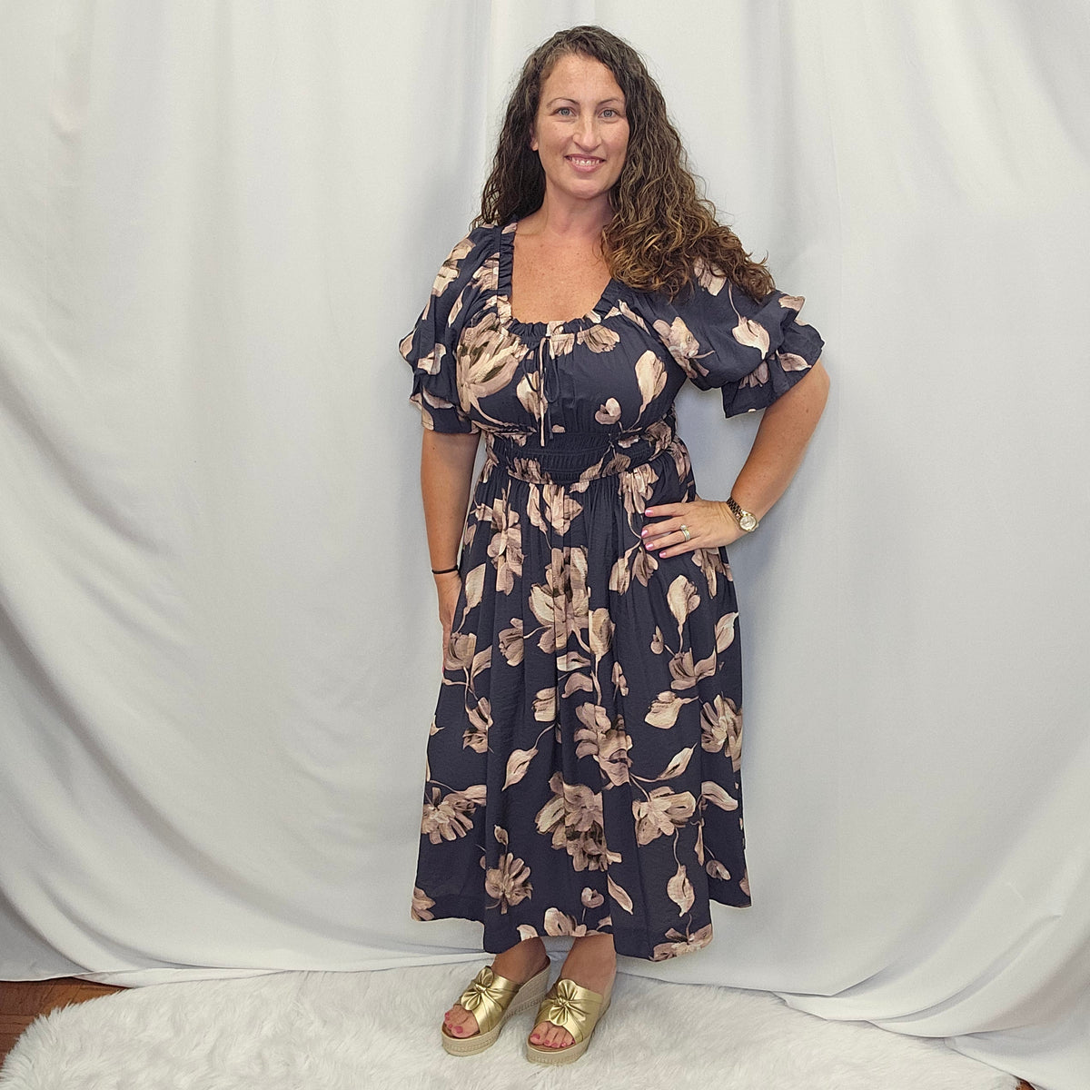 Navy Floral Smocked Waist Midi Dress