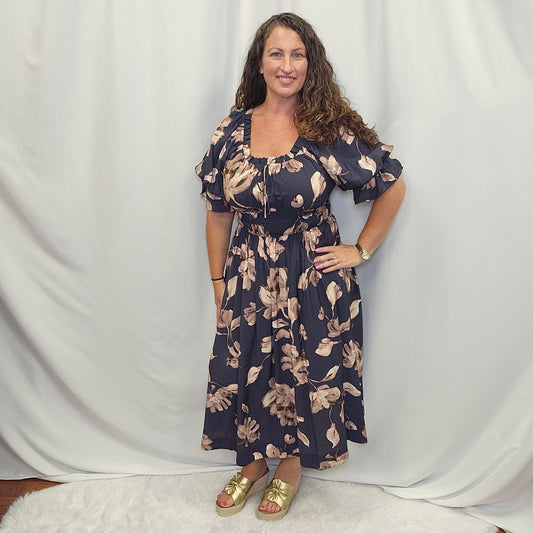 Navy Floral Smocked Waist Midi Dress