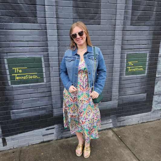 Satin Paisley Ruffle Trim Tiered A-Line Midi Dress