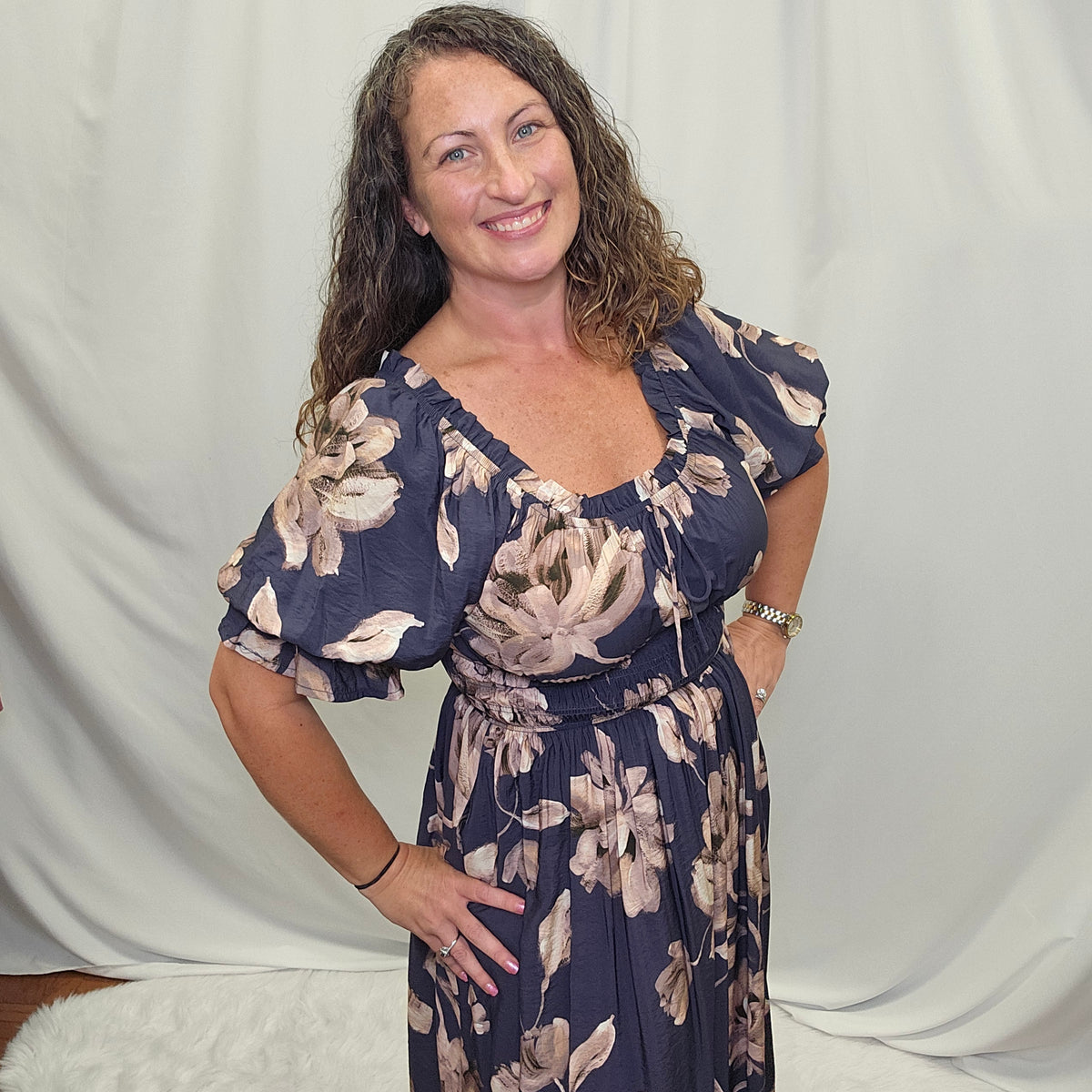 Navy Floral Smocked Waist Midi Dress