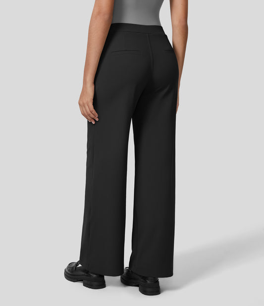 High Waisted Plicated Side Pocket Straight Leg Work Pants