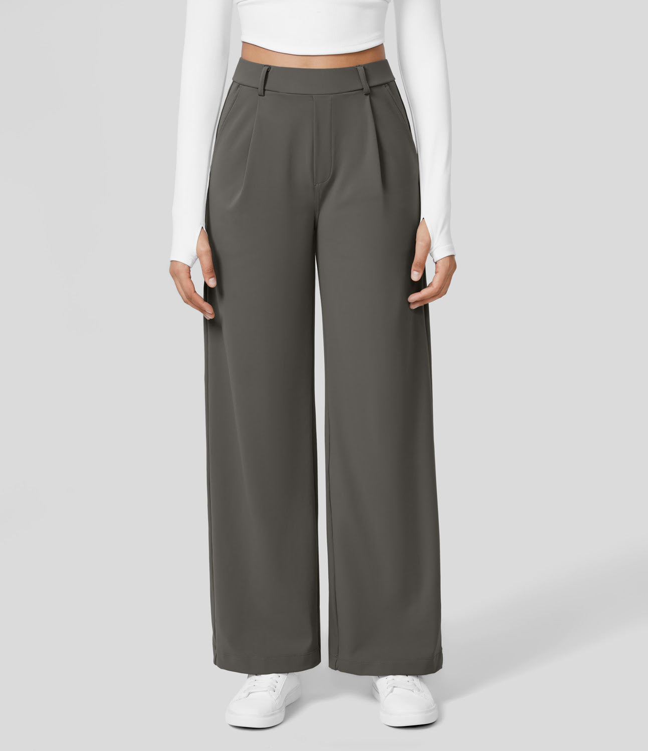 High Waisted Plicated Side Pocket Straight Leg Work Pants