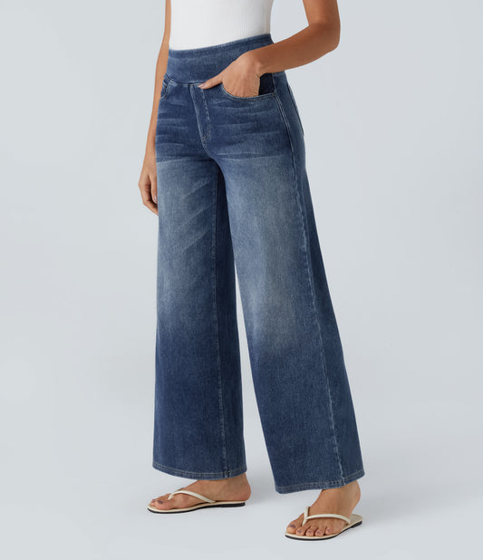 HalaraMagic™ High Waisted Multiple Pockets Wide Leg Washed Stretchy Knit Casual Jeans