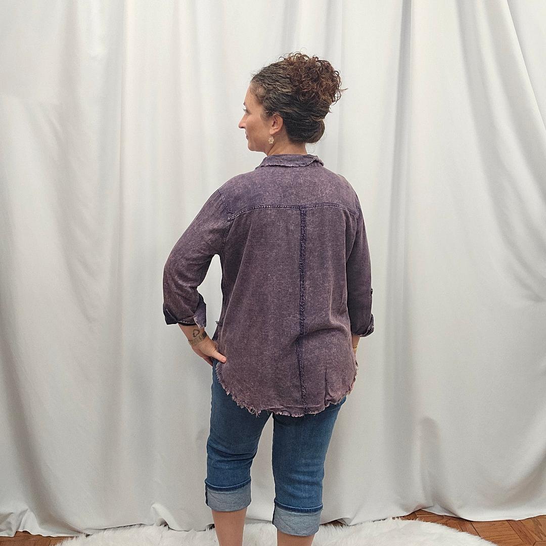 Linen Mineral Wash Button Down Top Navy