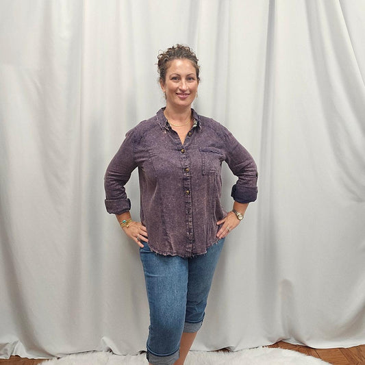 Linen Mineral Wash Button Down Top Navy