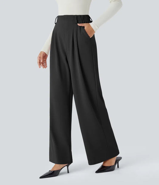 High Waisted Plicated Side Pocket Wide Leg Waffle Work Pants